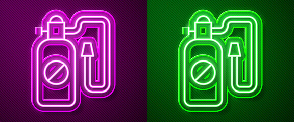 Sticker - Glowing neon line Pressure sprayer for extermination of insects icon isolated on purple and green background. Pest control service. Disinfectant sprayer. Vector.