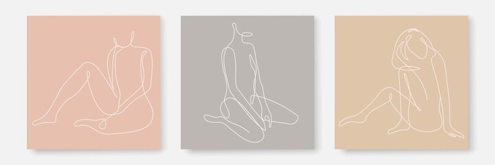 Wall Mural - Woman Body One Line Drawing Prints Set. Creative Contemporary Abstract Line Drawing. Beauty Fashion Female Naked Figure. Vector Minimalist Design for Wall Art, Print, Card, Poster.