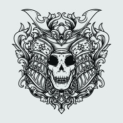 Wall Mural - tattoo and t-shirt design black and white hand drawn samurai skull engraving ornament