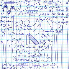 Wall Mural - Math vector seamless pattern with handwritten formulas on a grid copybook background