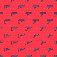 Canvas Print - Blue line Pistol or gun icon isolated seamless pattern on red background. Police or military handgun. Small firearm. Vector.