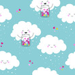 Seamless pattern with cute clouds. Kawaii clouds hold jars of hearts. Cartoon background. 