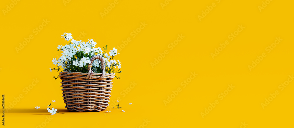 White flowers in wooden basket on yellow spring background 3D Rendering - obrazy, fototapety, plakaty 