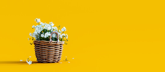 white flowers in wooden basket on yellow spring background 3d rendering