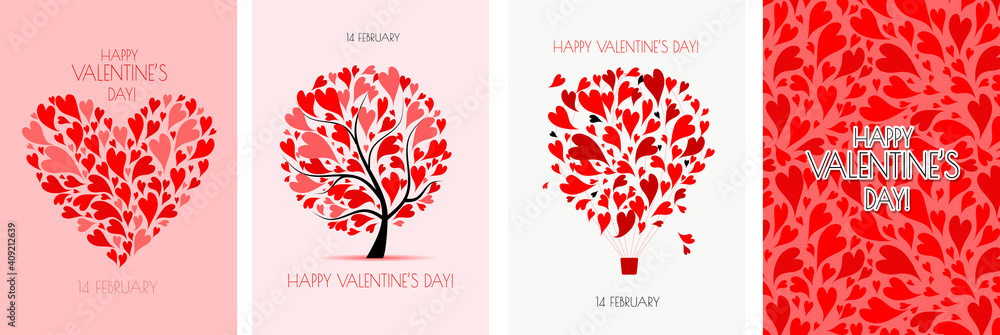Valentine's day card design. Love Tree, Air Balloon, Heart shape. Wedding set. Wallpaper, flyers, invitation, posters, brochure, voucher,banners. - obrazy, fototapety, plakaty 