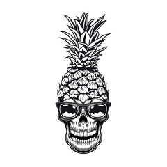 Fruit skull emblem design. Monochrome element with skeleton head in sunglasses and pineapple peel vector illustration. Summer tropical party concept for symbols or tattoo templates