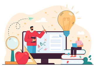 Wall Mural - student guy studying on internet, watching online lecture on computer, talking to math tutor through