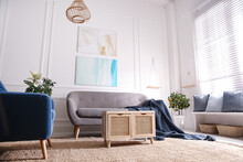 Beautiful Living Room Interior With Comfortable Gray Sofa