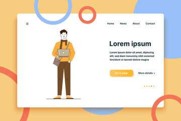 Cartoon man holding laptop. Student or freelancer wearing warm clothes, working with computer flat vector illustration. Digital communication concept for banner, website design or landing web page