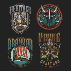 Wall Mural - viking colorful vintage labels set