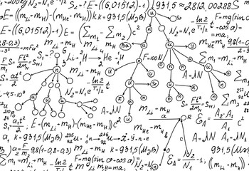 Scientific vector seamless pattern with handwritten formulas of nuclear physics nd math