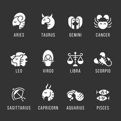 Wall Mural - set of 12 astrology with white icons zodiac signs on black background vector design
