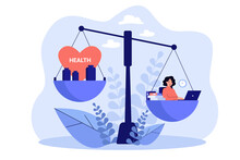Exhausted Woman Losing Healthy Life While Overworking. Imbalance Of Work, Stress And Health On Scale. Vector Illustration For Healthcare, Conflict, Workaholic Of Interest Concept