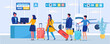 Check in, registration in airport terminal passengers standing in queue at departures gate. Vector illustration