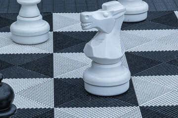 a sports chess game with different, large pieces standing on the ground
