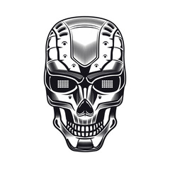 Robots head emblem design. Monochrome element with humanoid skull, cyborg, smart machine vector illustration. Robotics concept for symbols or tattoo templates
