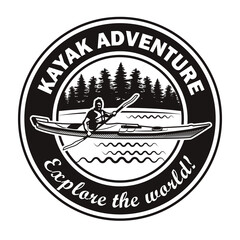 Wall Mural - Kayaking label design. Monochrome element with kayaker, river, forest vector illustration with text. Travel and adventure club concept for stamps and emblems templates