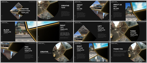 Presentation design vector templates, multipurpose template for presentation slide, flyer, brochure cover design. Abstract black and golden project with clipping mask, geometric shapes for your photo.