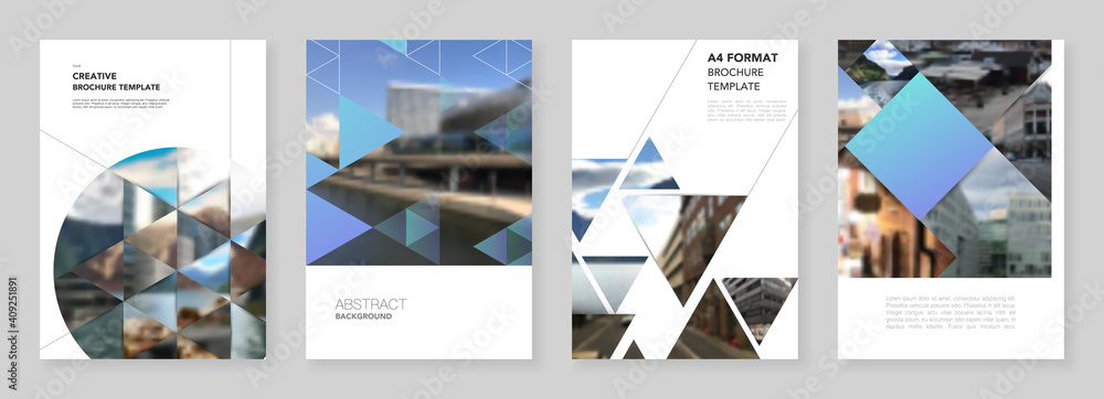 A4 brochure layout of covers design template with triangles, triangular pattern for flyer leaflet, A4 brochure design, report, presentation, magazine cover, book design.Background with place for photo - obrazy, fototapety, plakaty 