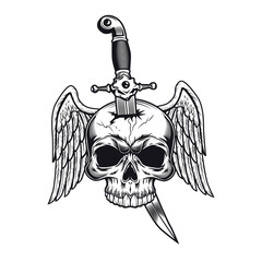 Wall Mural - Dagger and wings tattoo design. Monochrome element with skull pierced with knife vector illustration in vintage style. Blade weapon concept for symbols or emblems templates