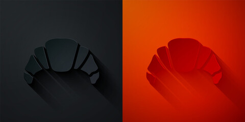 Poster - Paper cut Croissant icon isolated on black and red background. Paper art style. Vector.