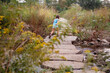© Cavan Images - A small child runs along stone pathway through a prairie over a creek