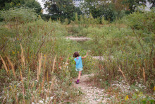 A Little Girl Walks Through Tall Grass And Wildflowers On Stone Path