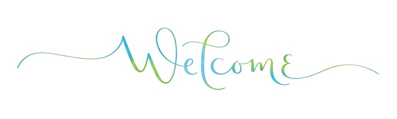 Sticker - WELCOME blue and green vector brush calligraphy banner with flourishes