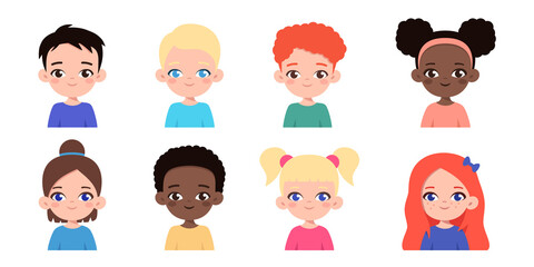 Set of diverse multiethnic children avatars. Happy faces of different boys and girls. Cartoon kids portraits. Vector illustration isolated on white background