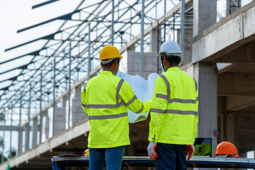 Aufkleber - Architect working with blueprints on a building construction site,sketching a construction project.