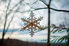 A Snowflake Ornament Hangs From A Tree Branch Outside Against Blue Sky