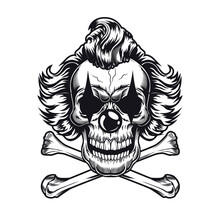 Psychopath Clown Emblem Design. Monochrome Element With Skull And Bones Vector Illustration. Horror And Evil Concept For Symbols Or Tattoo Templates