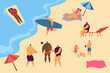 © Bro Vector - Positive people relaxing on beach isolated flat vector illustration. Cartoon various characters swimming in sea, sunbathing and playing on coast. Summer activity and leisure concept