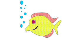 Yellow Colored In Colorful Circles, Goggle-eyed Fish Lets Air Bubbles. Variegated, Bright Yellow-pink Broad Angelfish With Elongated Lips. Illustration.