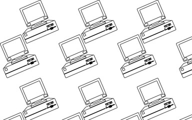 Wall Mural - Pattern of black and white, old, vintage, retro, hipster computers with convex monitors and floppy.  illustration.