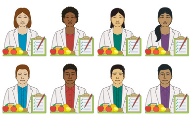 diversity, race, ethnicity of dietician or nutritionist vector icons, male and female, with food and clip board, isolated on a white background 