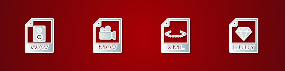 Set WAV file document, MOV, XML and RUBY icon. Vector.