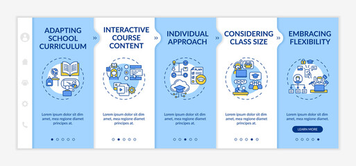 Wall Mural - online teaching tips onboarding vector template. adapting school curriculum and interactive course c