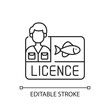 Fishing licence linear icon. Permission to catch fish. Ecological legislation. Fishing contest. Thin line customizable illustration. Contour symbol. Vector isolated outline drawing. Editable stroke