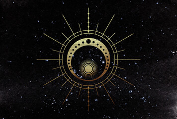 golden illustration of celestial bodies on night starry sky. beautiful concept illustration of sun a