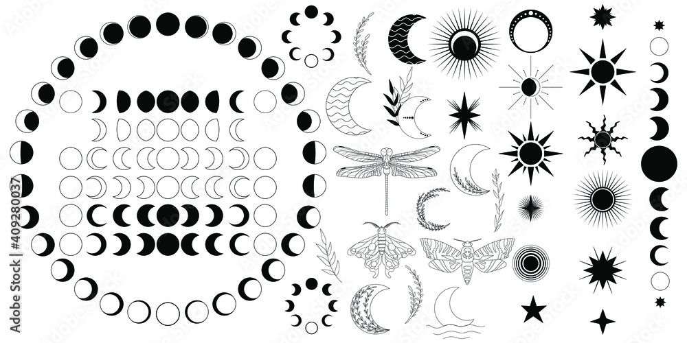 Big vector set of celestial ellements. Moon phases, stars and sun, butterfly, dragonfly, lunar and death head moth, plants. Moon phases for both Northern and South hemisphere. Isolated black icons. - obrazy, fototapety, plakaty 