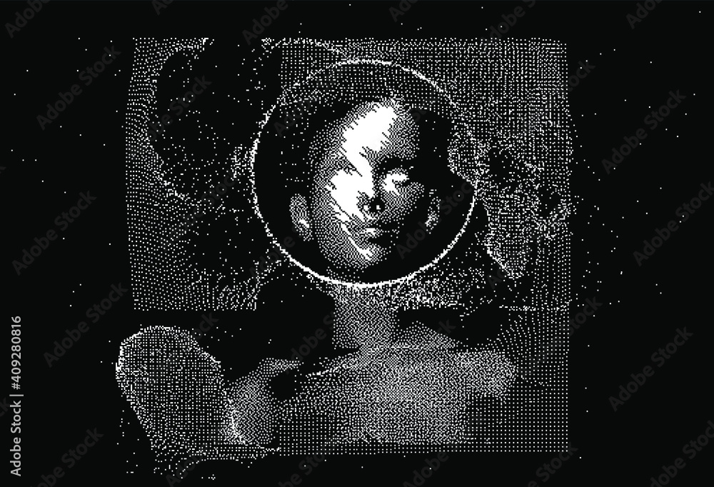 Human head made of the array of particles, pixelated and glitched portret of supreme artificial intelligence. Generative computer art. - obrazy, fototapety, plakaty 