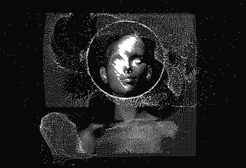 Aufkleber - Human head made of the array of particles, pixelated and glitched portret of supreme artificial intelligence. Generative computer art.