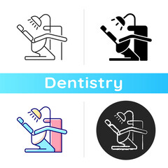 Canvas Print - Dentist chair icon. Dental equipment. Professional stomatology equipment. Instruments for dental treatment. Caries treatment.Linear black and RGB color styles. Isolated vector illustrations