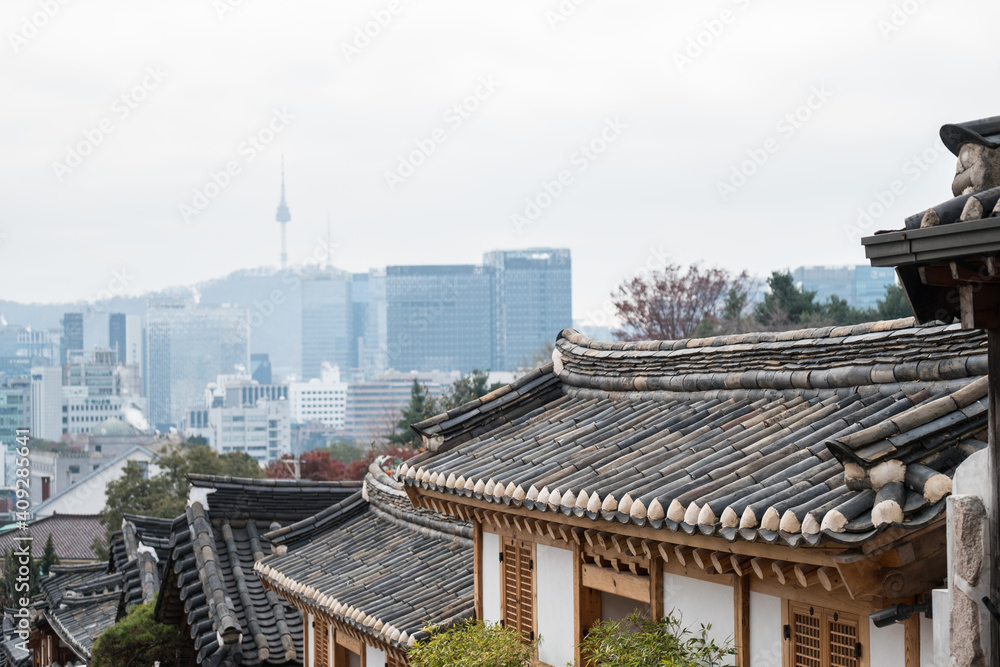 Bukchon Hanok Village, a Korean traditional village with view of Namsan ...