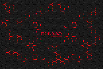 Hexagonal technology background. Red bright light energy flashes under the hexagon. Modern futuristic dark tech background. Honeycomb texture grid.