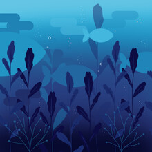 Blue Ocean With Fish Silhouettes And Seaweed 