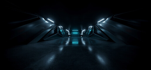 Sci Fi Neon Glowing Blue White Led Alien Spaceship Corridor Tunnel Underground Cement Concrete Metal Glossy Elements Realistic Cyber Background Showroom Parking Triangle Doors Hangar 3D Rendering