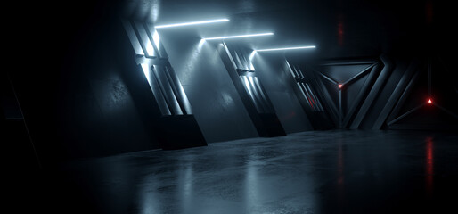 Sci Fi Neon Glowing Blue White Led Alien Spaceship Corridor Tunnel Underground Cement Concrete Metal Glossy Elements Realistic Cyber Background Showroom Parking Triangle Doors Hangar 3D Rendering
