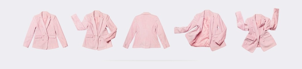 Womens fashionable flying pink blazer isolated on gray background. Female fashion, stylish fabric Corduroy blazer. Creative clothing concept. Collection of different shapes of jacket. Spring clothes